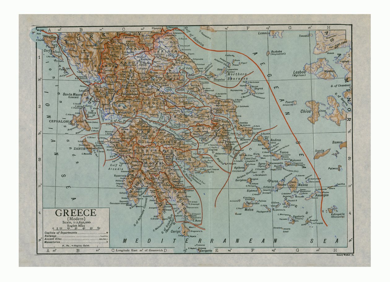 Karta över det moderna Grekland, c1910-talet. av Emery Walker