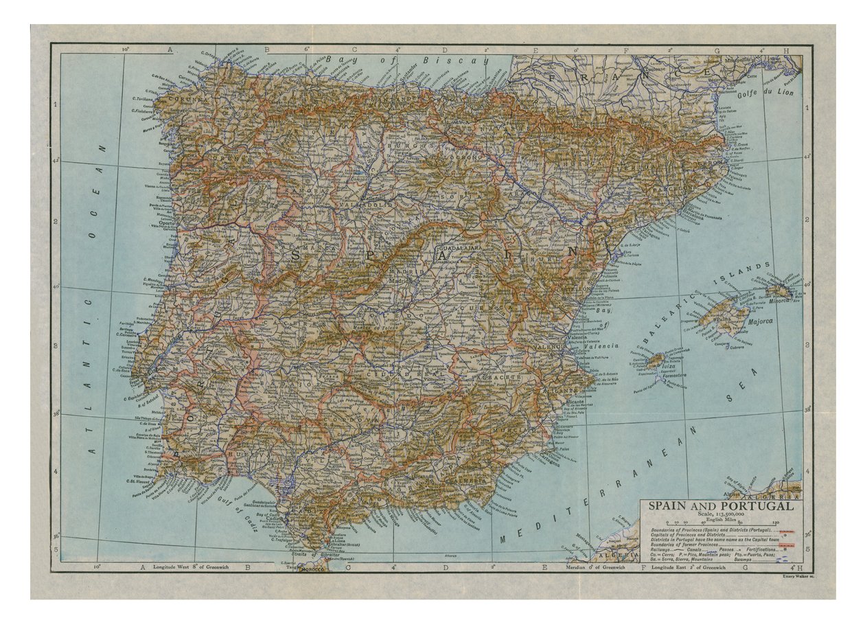 Karta över Spanien och Portugal, c1910. av Emery Walker