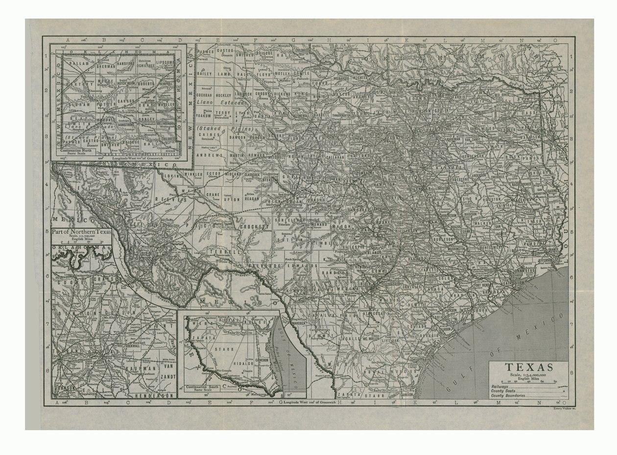 Karta över Texas, USA, c1910-talet. av Emery Walker