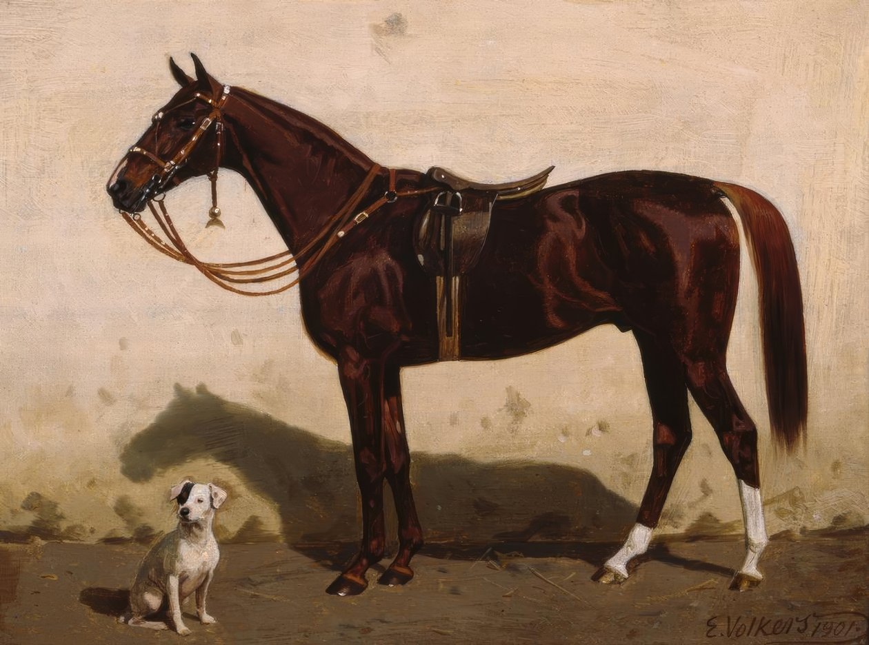 Sadlad räv med hund av Emil Volkers