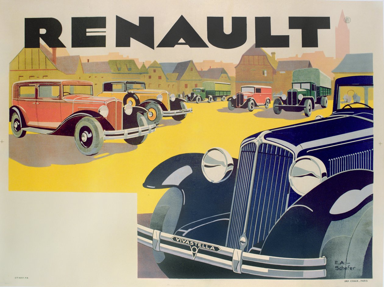 Annons för Renaults bilar, ca 1920 av Emile Andre Schefer