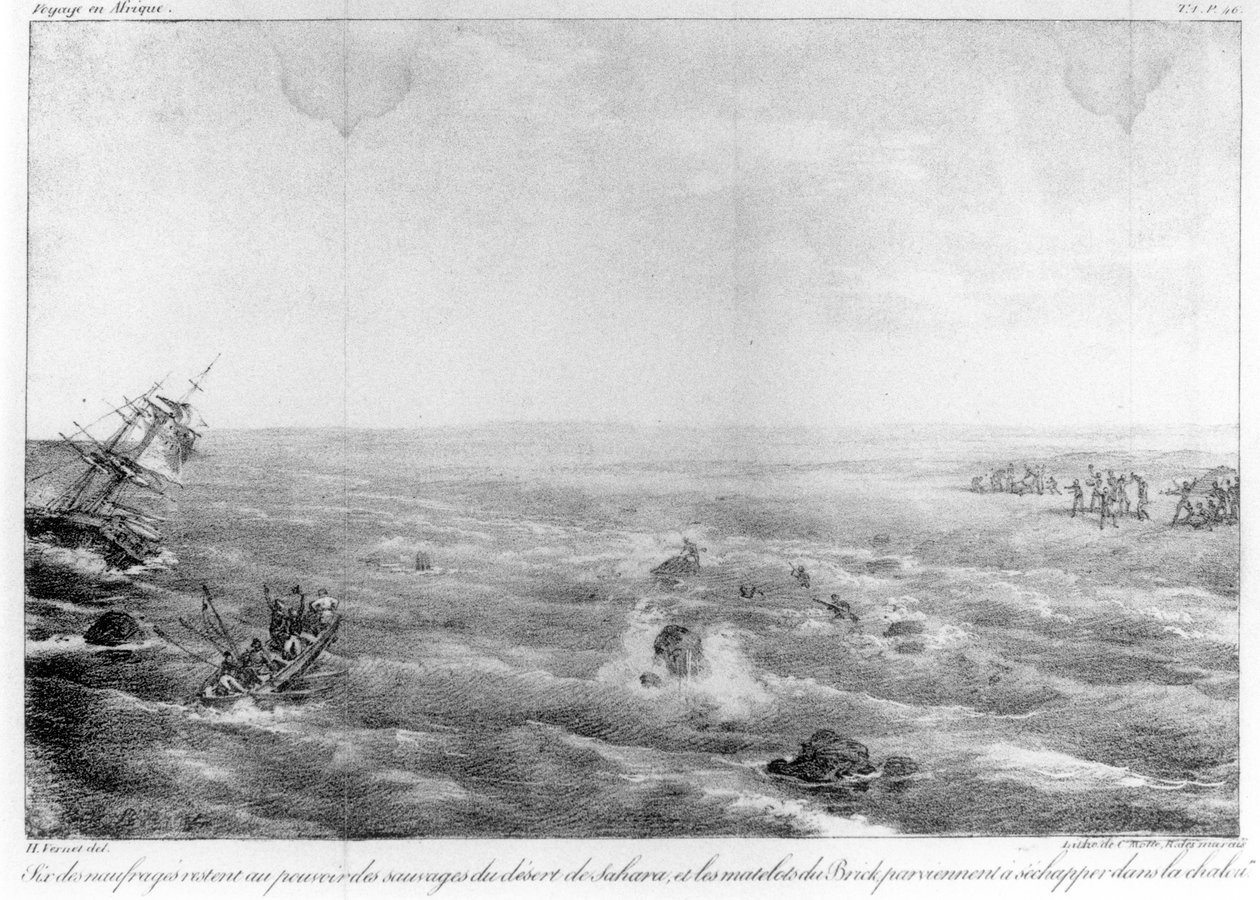 "Sophies förlisning" på Saharas kust, frontispice till "Naufrage du brig francais La Sophie perd le 30 mai 1819 sur la cote ouest d