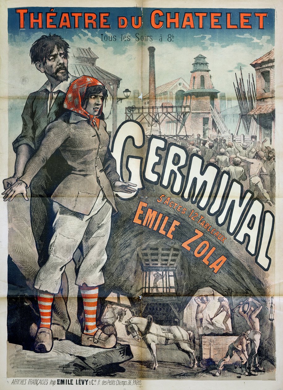 Affisch som annonserar en föreställning av pjäsen "Germinal" av Emile Zola (1840-1902) på Theatre du Chatelet av Emile Levy
