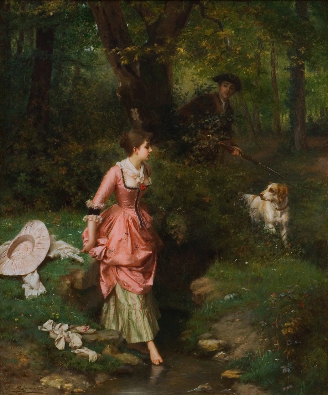  En ung kvinna som korsar en bäckFrancais: Une dame dans le foretn av Emile Pierre Metzmacher