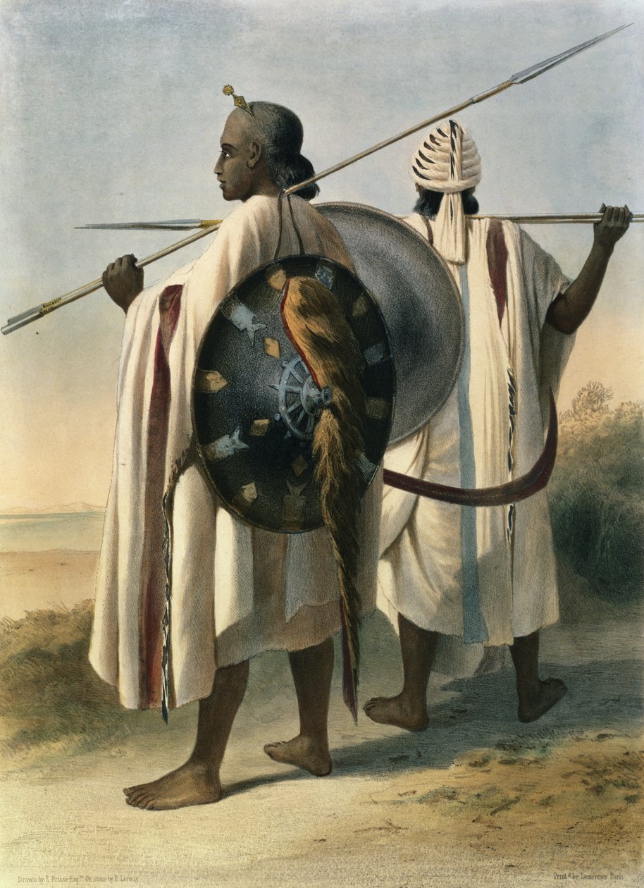 Abyssinian Warriors, illustration från "The Valley of the Nile", graverad av Eugene Le Roux (1807-63) pub. av Lemercier, 1848 av Emile Prisse d