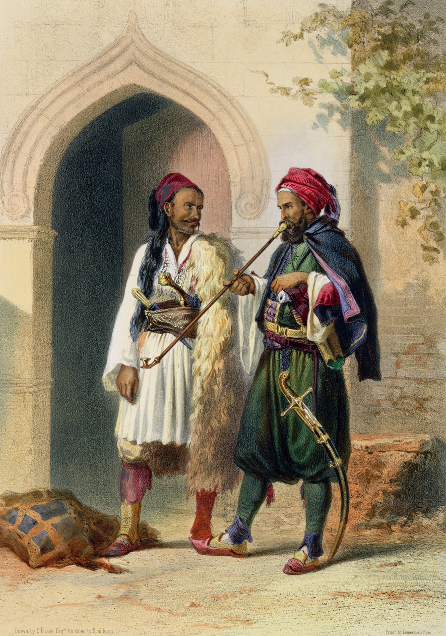 Arnaout- och Osmanli-soldater i Alexandria, illustration från "Nilens dal", graverad av Mouilleron, utgiven av Lemercier, 1848. av Emile Prisse d