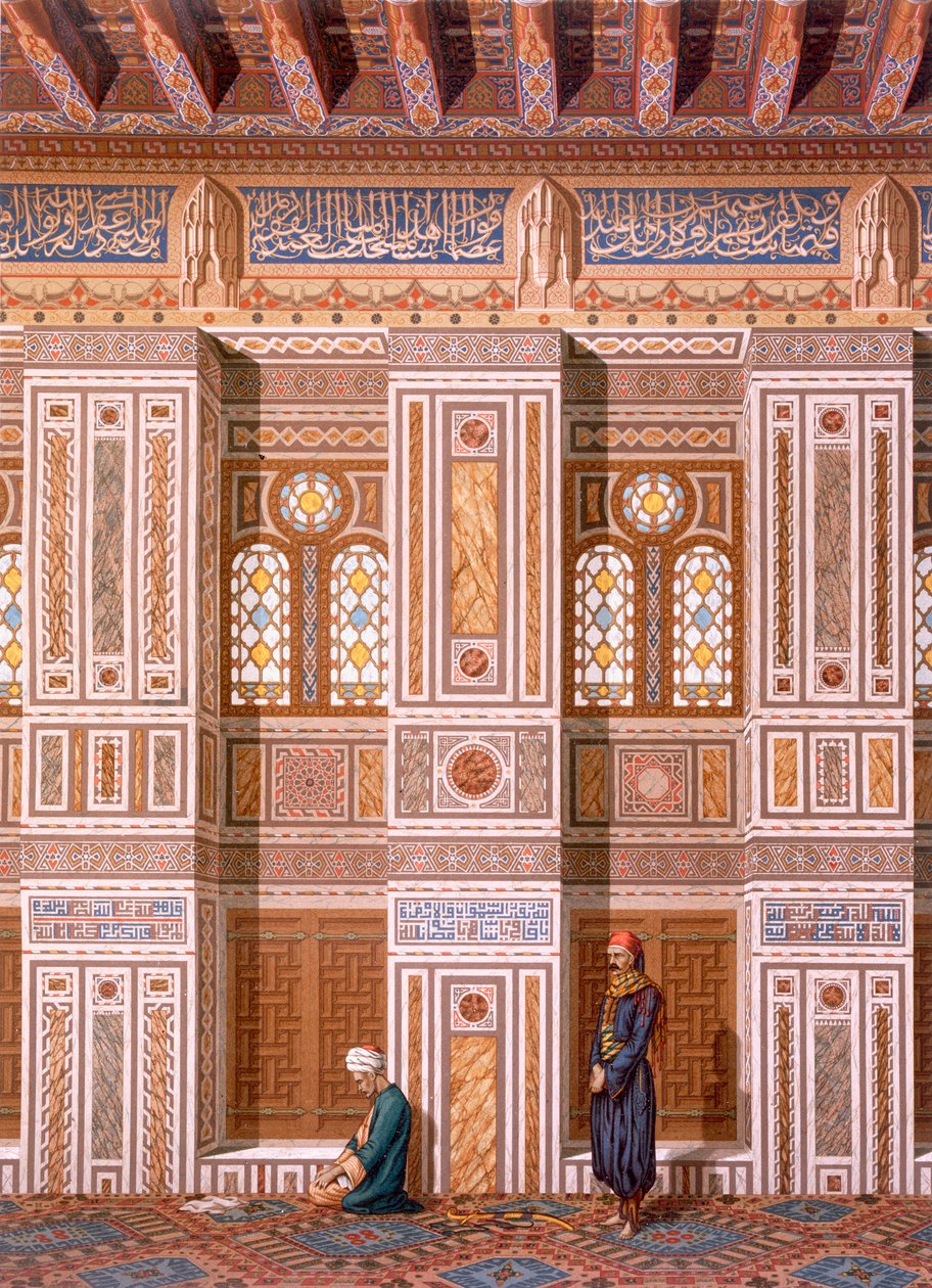 Kairo: Interiör av moskén i Qaitbay; tillbedjare ber vid sidoväggen i Mihrab 1400-talet, 1800-talet (chromolitho) av Emile Prisse d