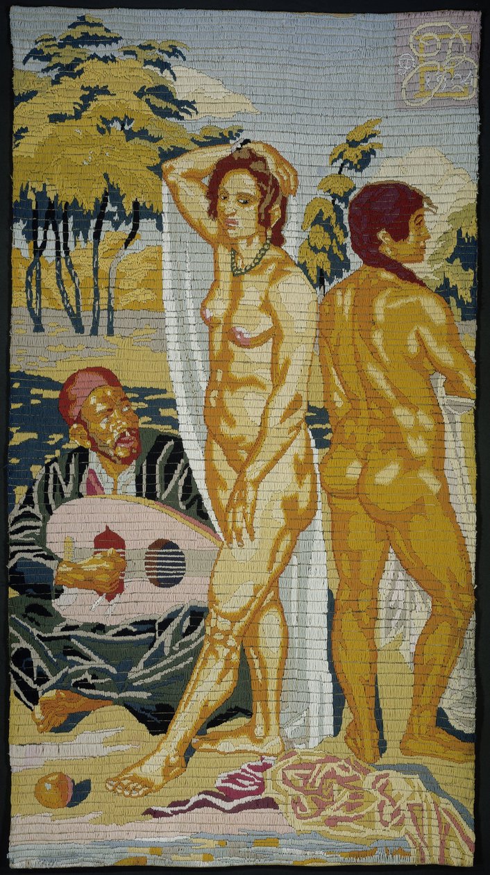 Geborduurd bord; Två badande av Emile Bernard