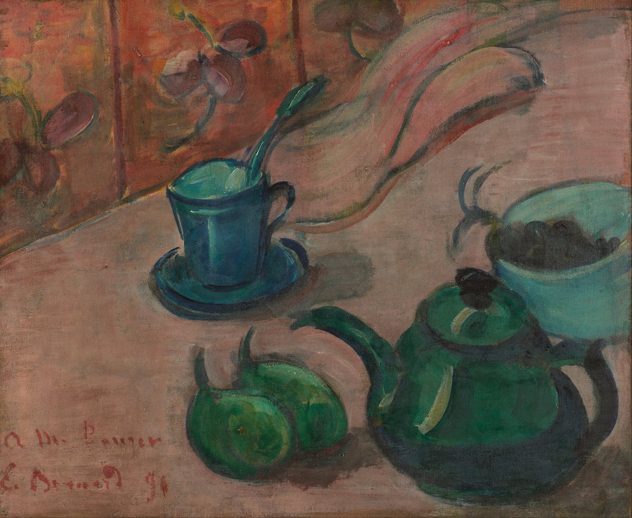 Stilleben med tekanna, kopp och frukt av Emile Bernard