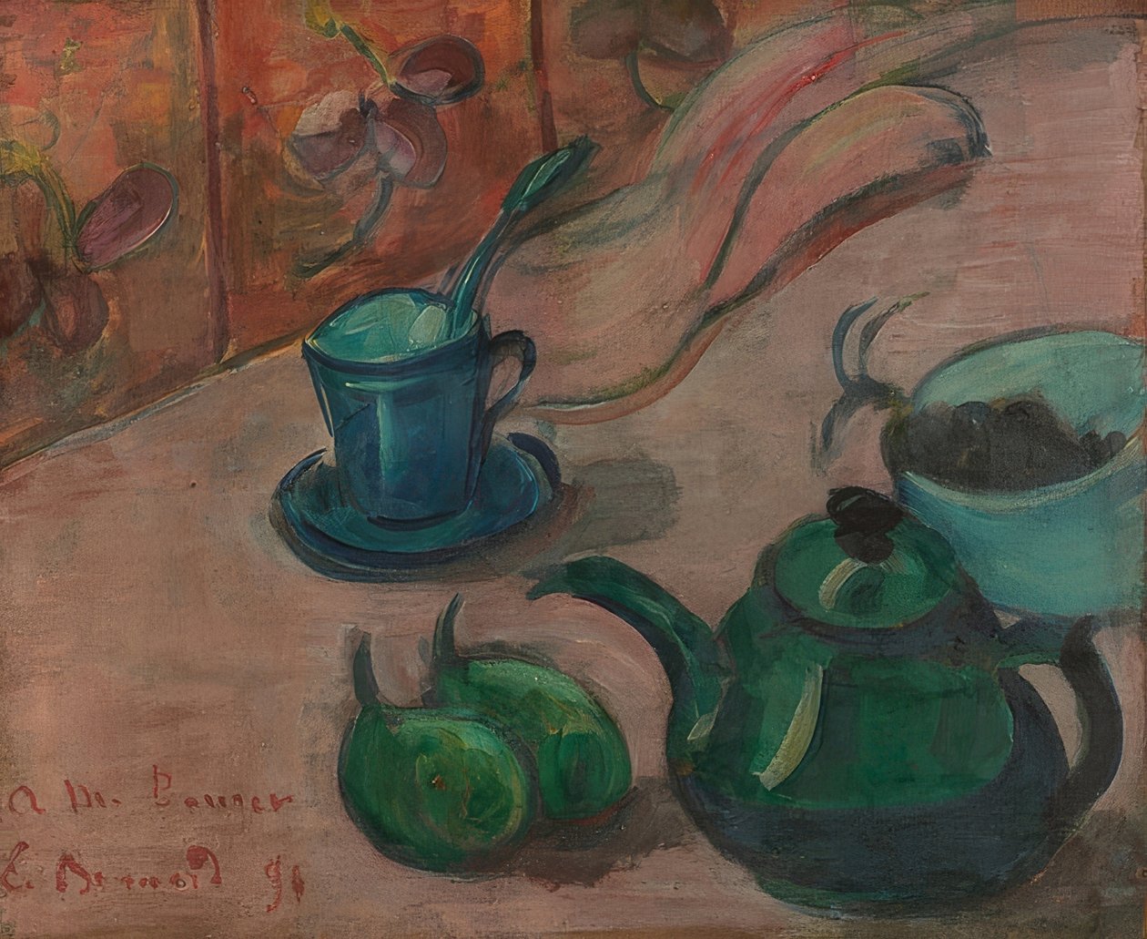 Stilleben med tekanna, kopp och frukter. 1890 av Emile Bernard