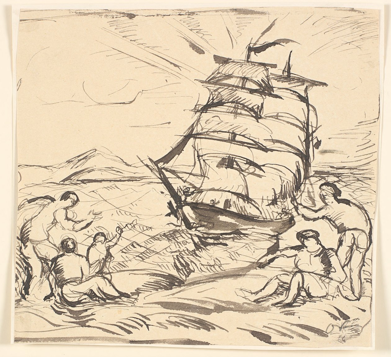 Kustlandskap med segelfartyg och gester. av Emile Othon Friesz