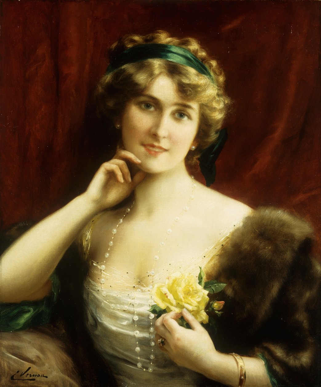 En elegant dam med en gul ros av Emile Vernon