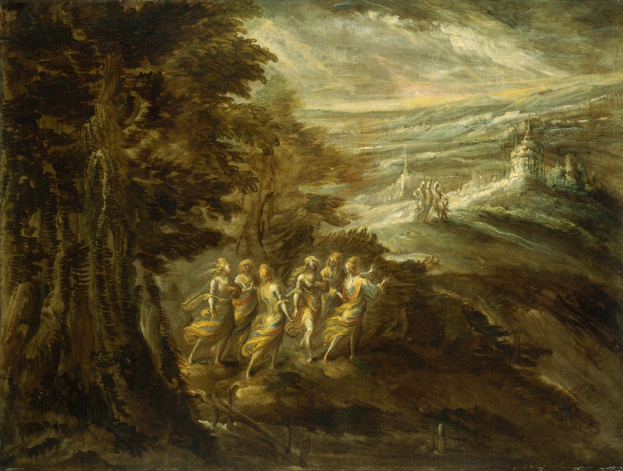 Fantastiskt landskap med figurer av Emilian 16th Century
