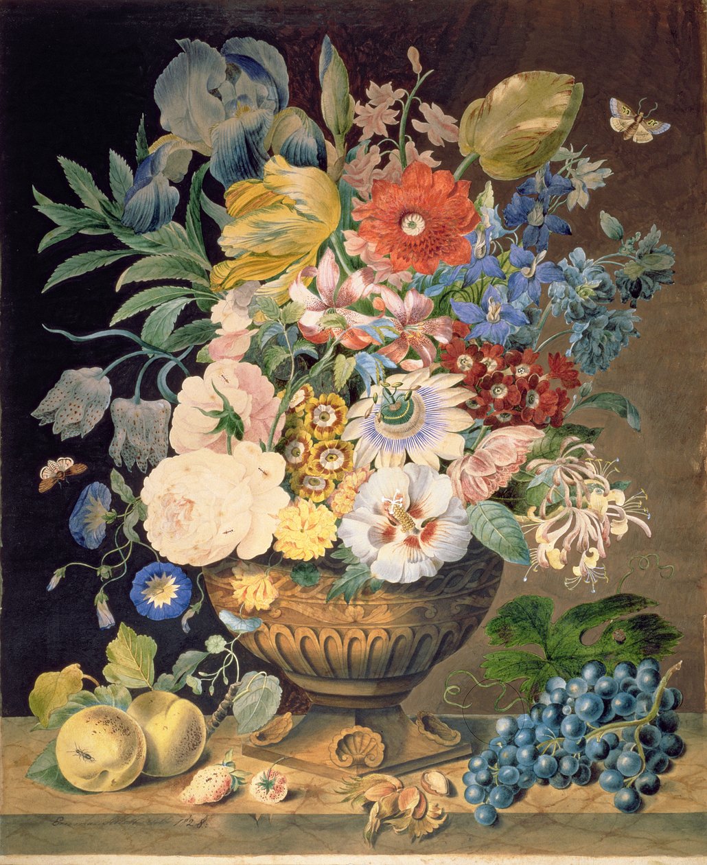 Blommor och frukt, 1828 (wc på papper) av Emma Sillett