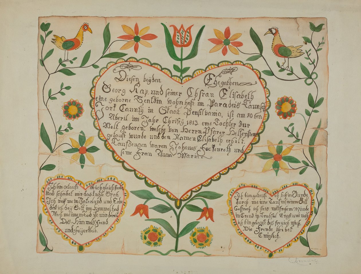 Fraktur - Födelse- och dopbevis av Emma M. Krumrine