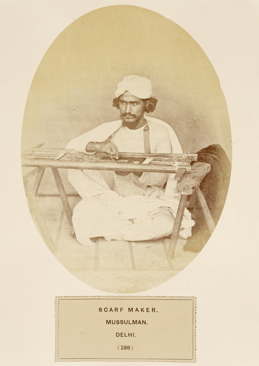 Scarf Maker, Mussulman, Delhi, från The People of India, av J. Forbes Watson, publicerad 1868 (albumtryck) av English Photographer