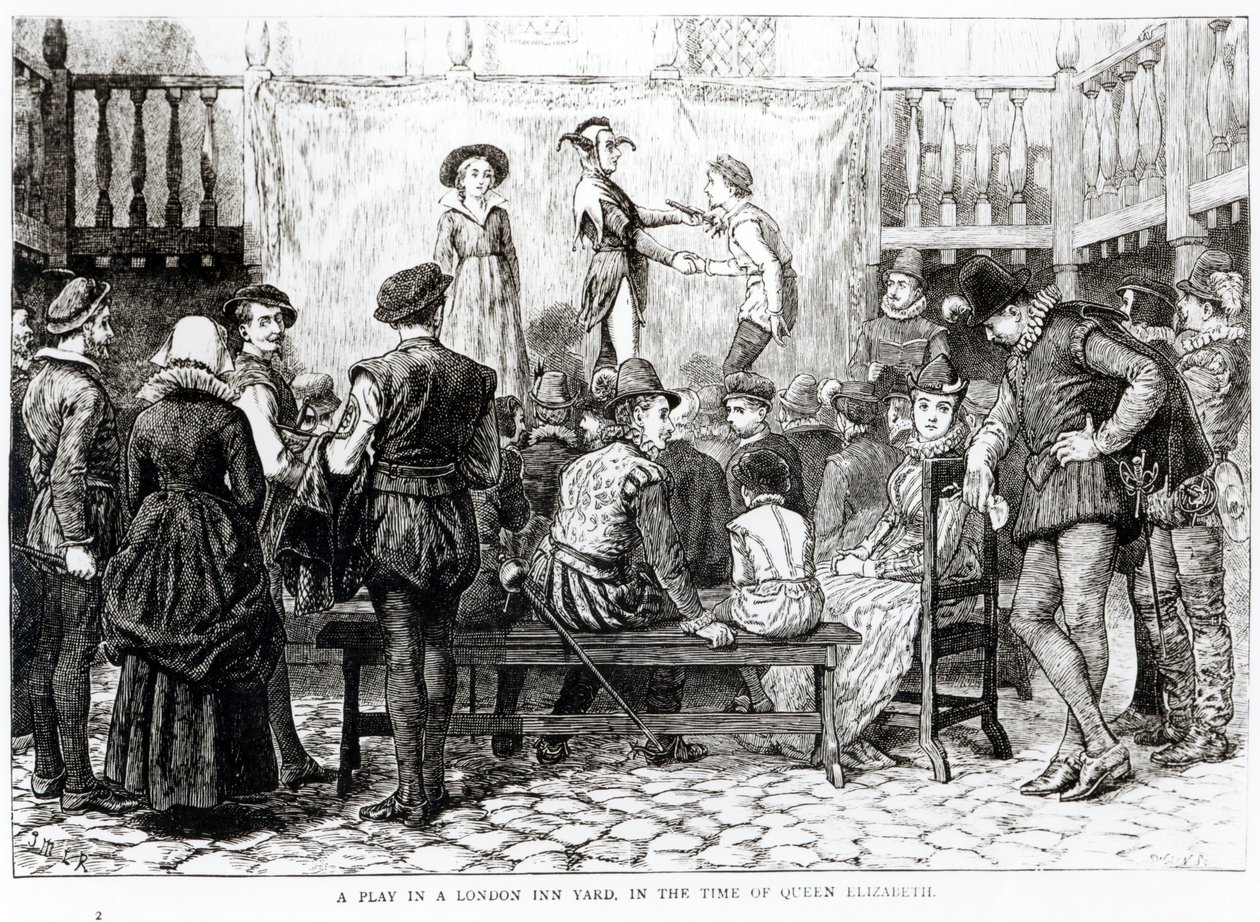 A Play in a London Inn Yard in the Time of Queen Elizabeth, graverad av Joseph Swain (1820-1909) av English School