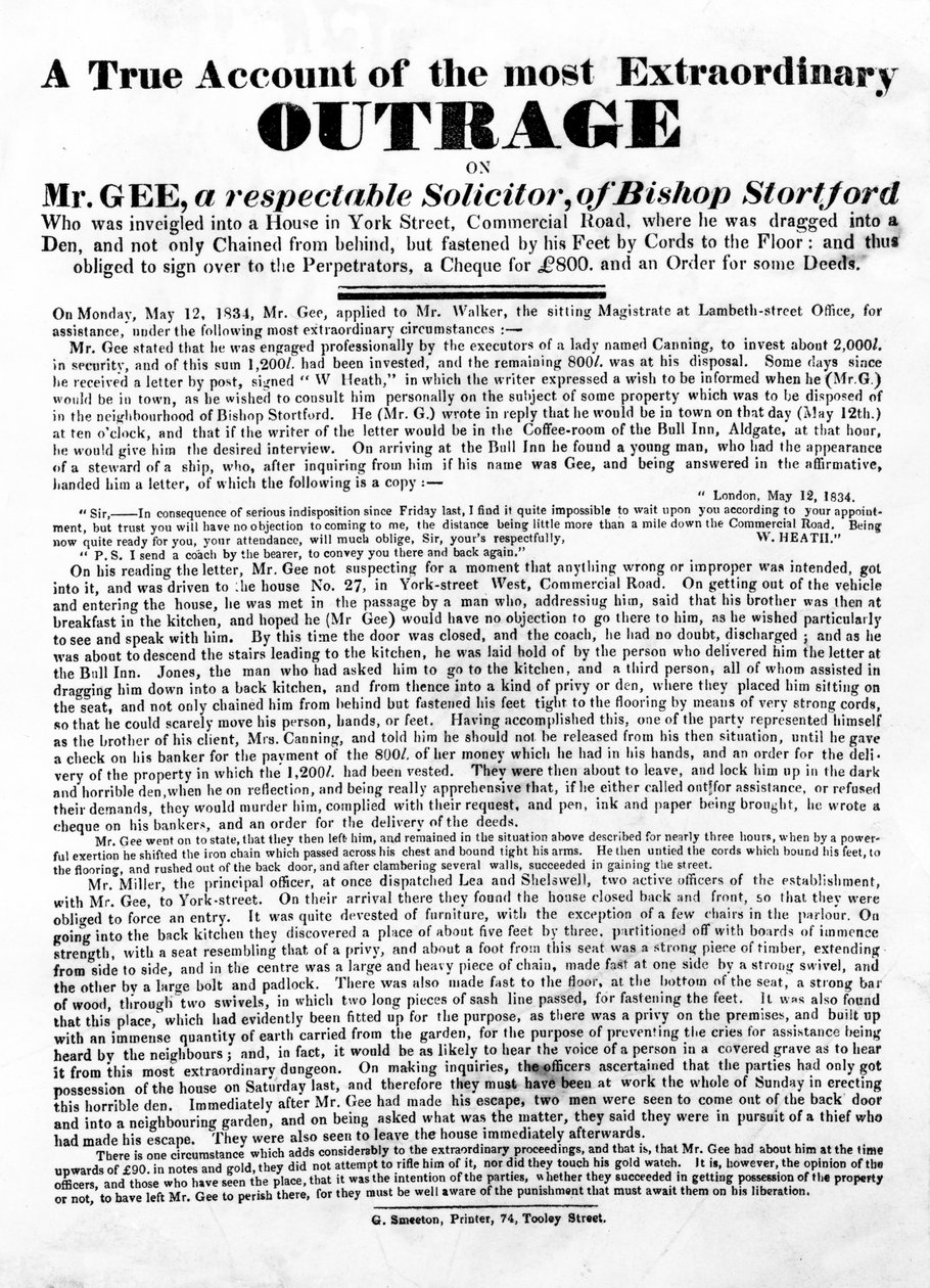 En sann redogörelse för den mest extraordinära upprördheten mot Mr Gee, 1834 (boktryck) av English School