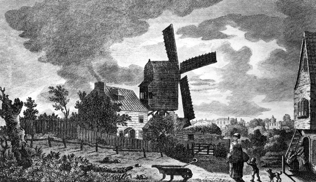 A View of a Mill nära Blackheath i Kent, vid månsken, 1770 av English School