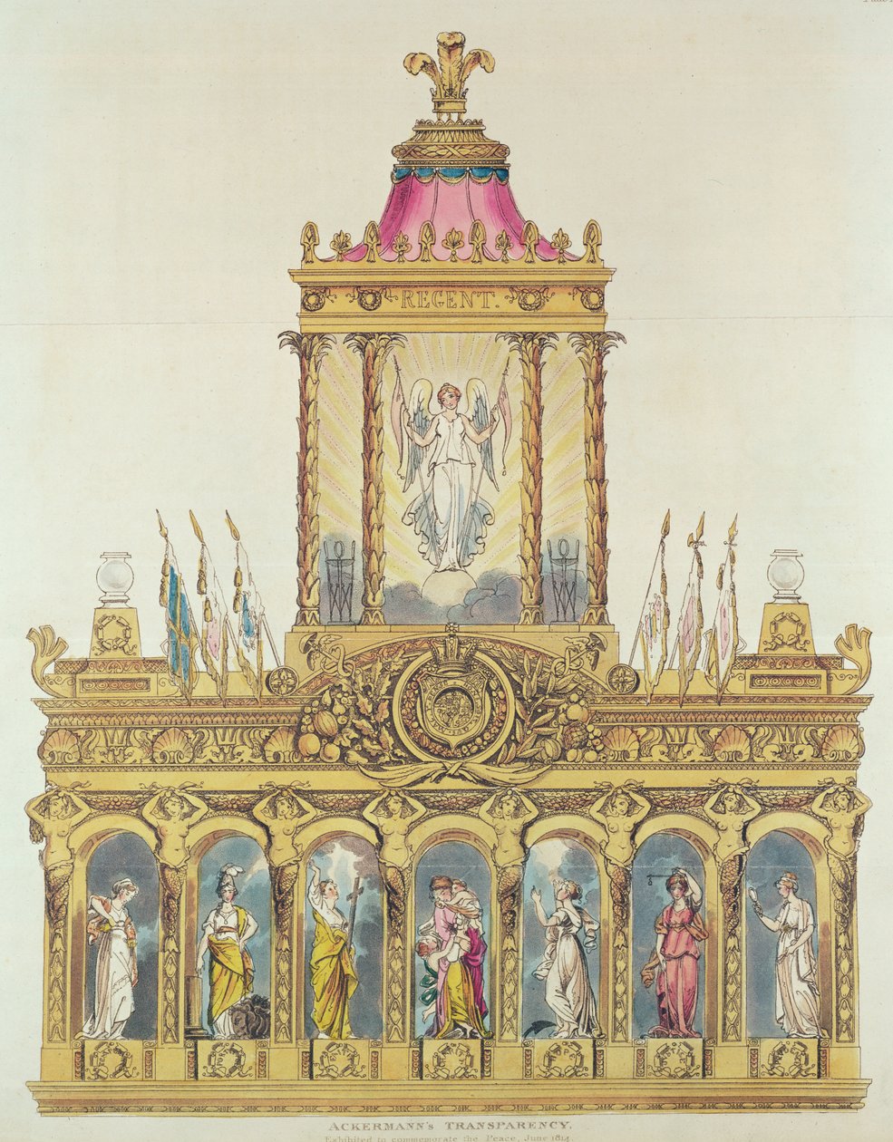 Ackermans Transparency, juni 1814 (färgetsning och akvatint) av English School