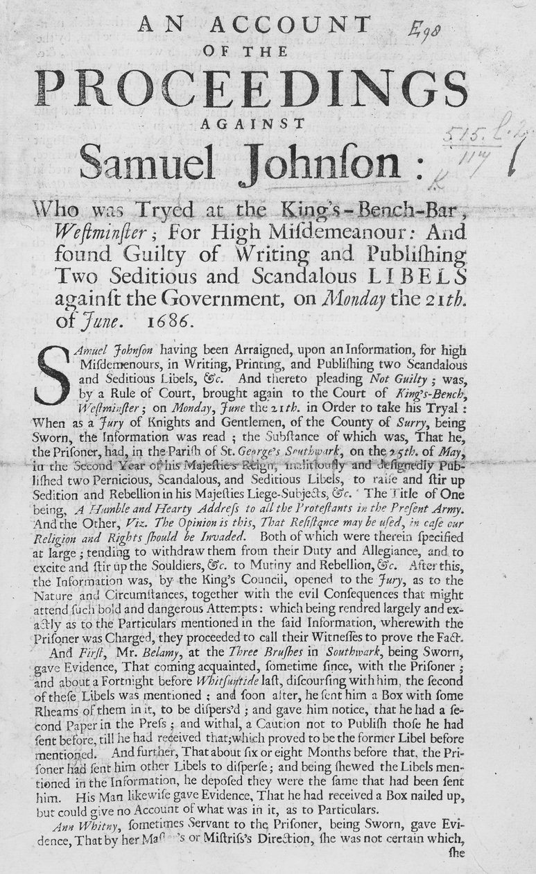 An Account of the Proceedings against Samuel Johnson, 1686 (tryckt) av English School
