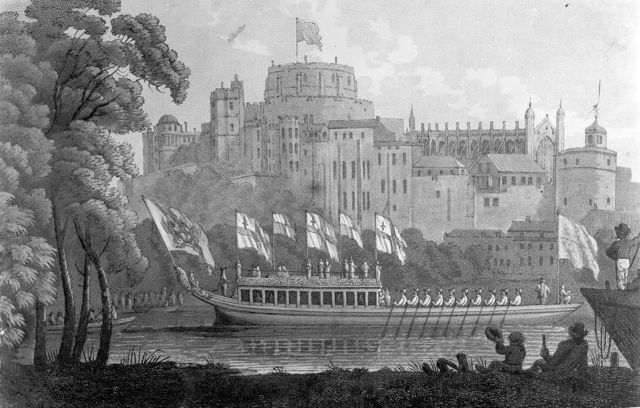 City of London State Barge flyttar uppför Themsen, framför Windsor Castle, på väg till Oxford, efter en akvarell från 1812 av English School