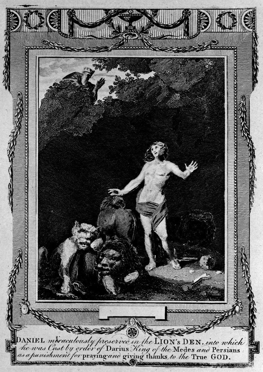 Daniel konserverad i lejonets håla, från "The New and Complete Book of Martyrs", av Paul Wright av English School