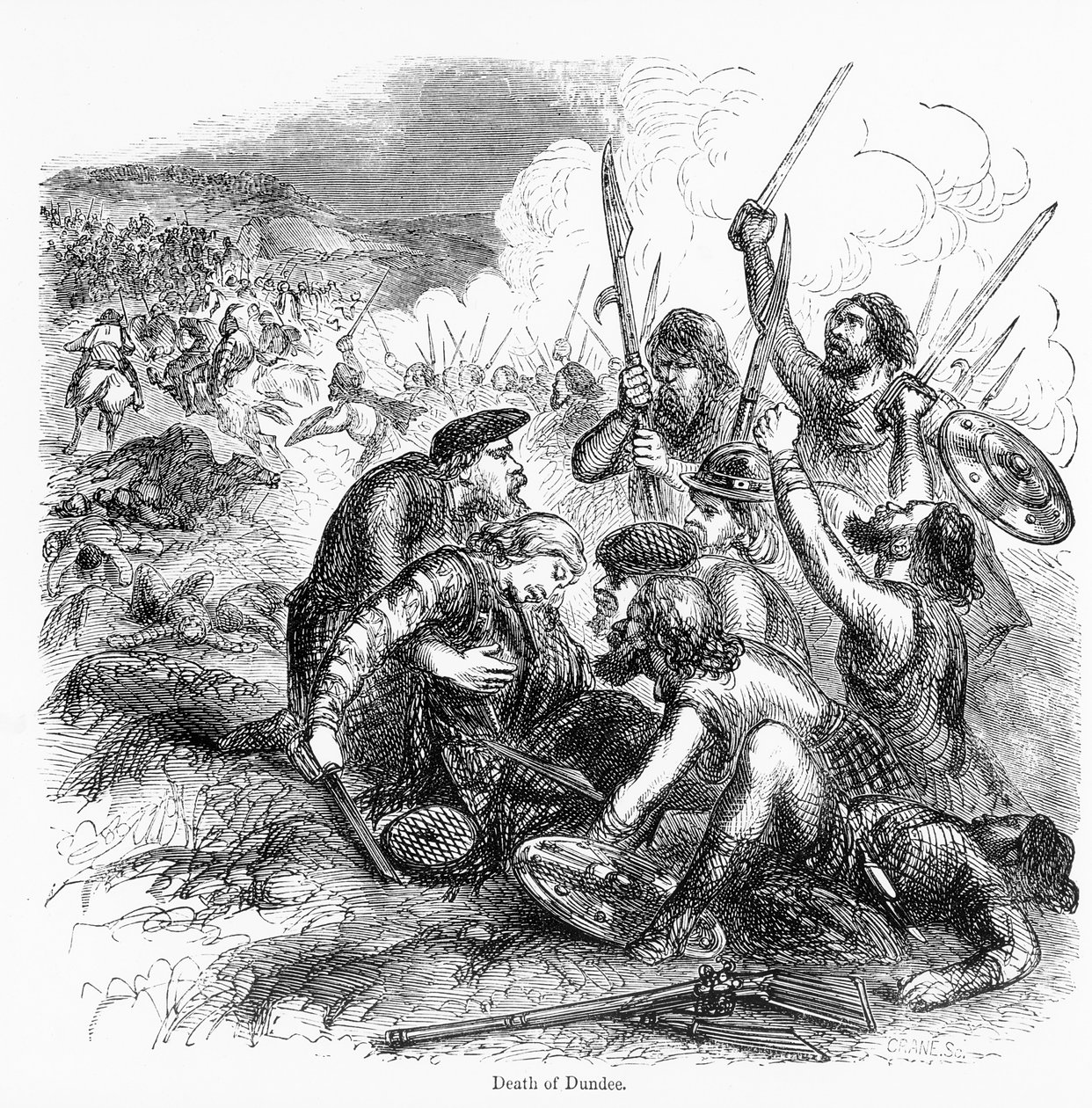 Dundees död 1675, graverad av Crane av English School