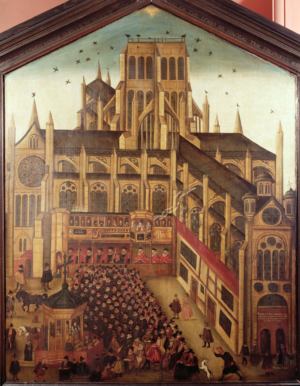Dr. J. Kings predikan i St Pauls Cathedral 1616, 1624 (olja på trä) av English School