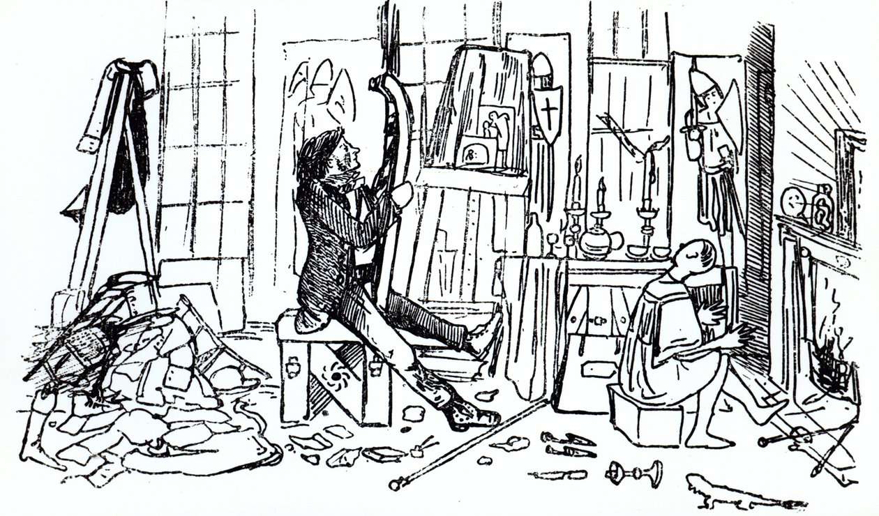 Edward Burne-Jones på jobbet i sin studio på 17 Red Lion Square, London, ca 1857 (penna och bläck) (bw print) av English School