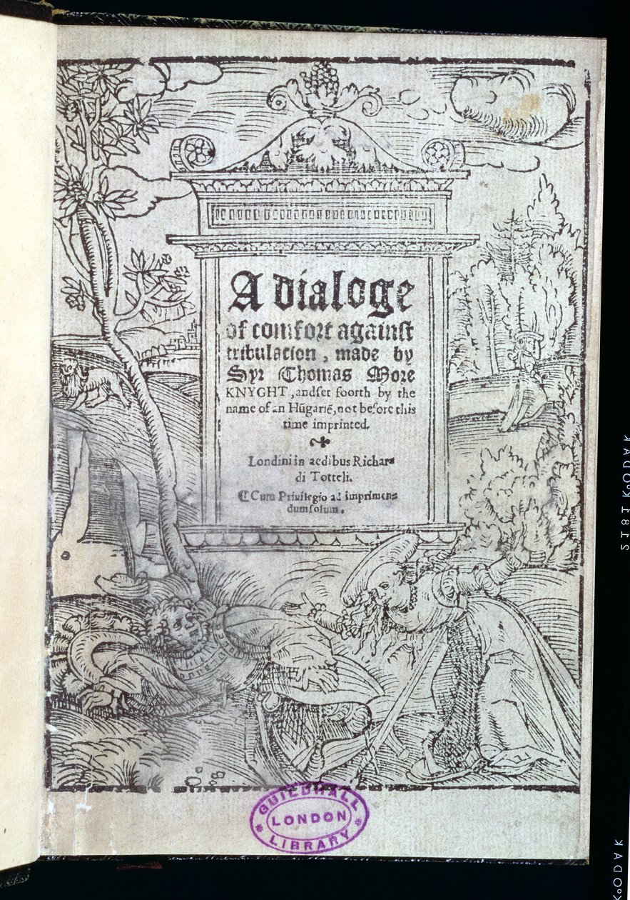 Frontispice of A Dialogue of Comfort Against Tribulation av Sir Thomas More (1478-1535) publicerad 1553 av English School