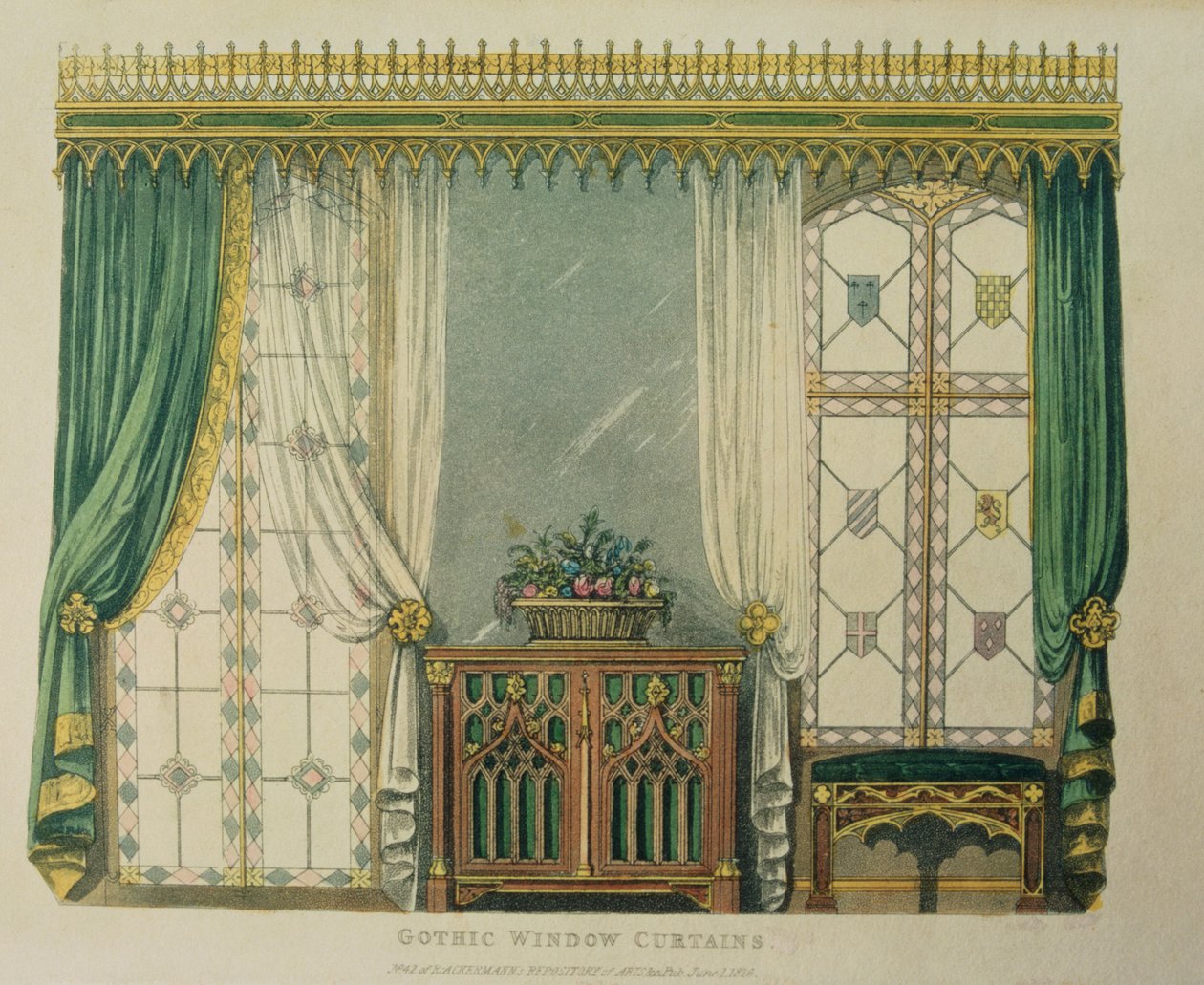 Gotiska fönstergardiner, skylt 161 från Ackermanns Repository of Arts, publicerad 1816 av English School