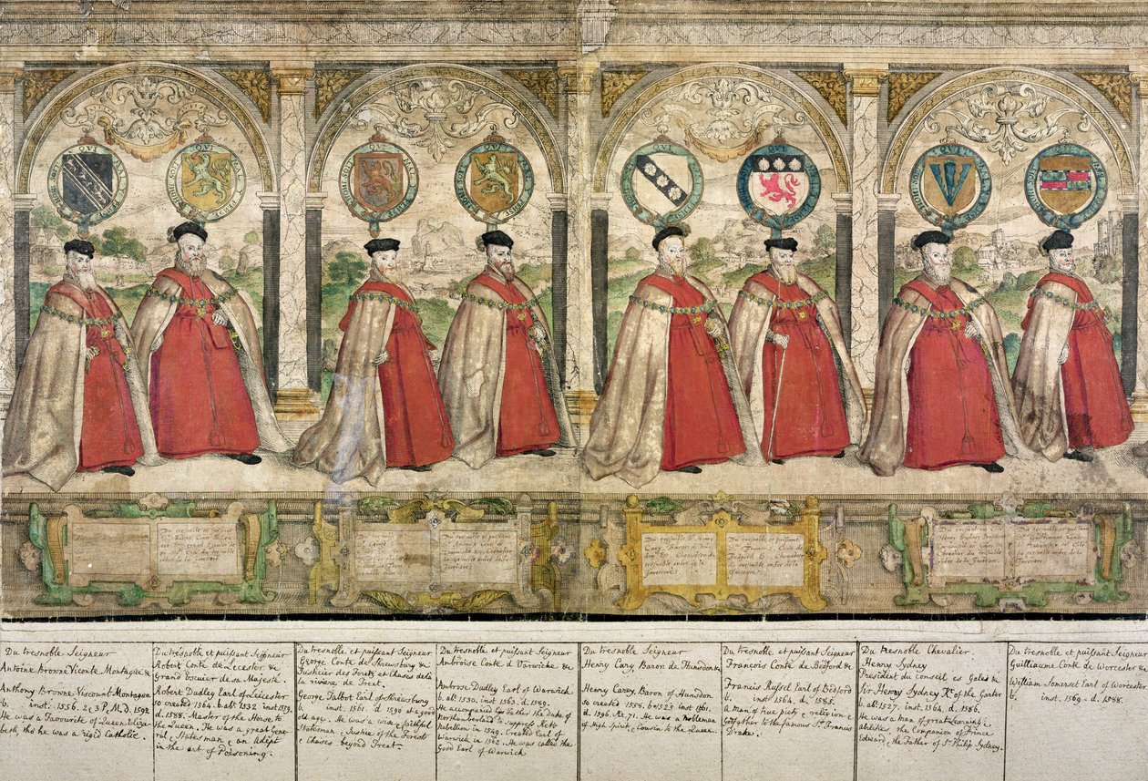 Imaginary Composite Procession of the Knights of the Garter at Windsor, graverad av Marcus Gheeraerts den äldre (1521-86) 1576 (färgad etsning) av English School