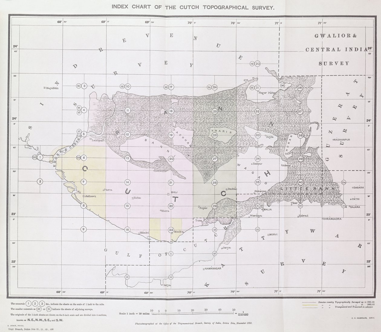 Indexdiagram över Cutch Topographical Survey av Trigonometrical Branch, Survey of India, Dehra Dun, november 1883 av English School