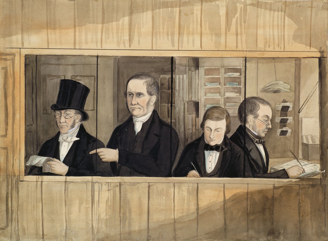 Interiör av Mrs. Charles Greenwood and Companys kontor, ca 1840 (wc på papper) av English School