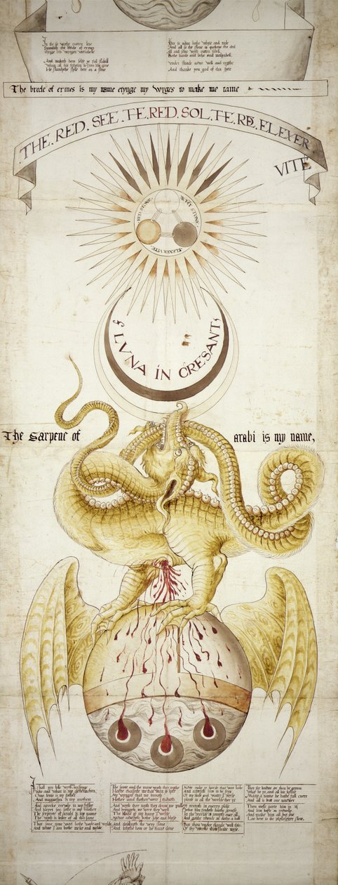 MS.276 Emblematiskt diagram över de alkemiska processerna för produktionen av Philosophers Stone, scen 4, från Ripley Scrolls (bläck på papper monterat på linne) av English School