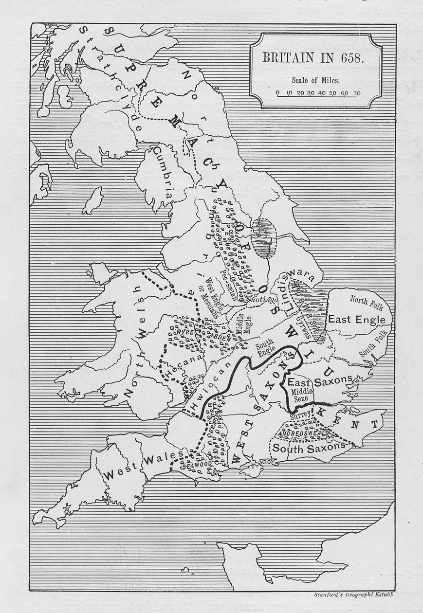 Karta över Storbritannien år 658, framställd av Stanfords Geographical Establishment av English School