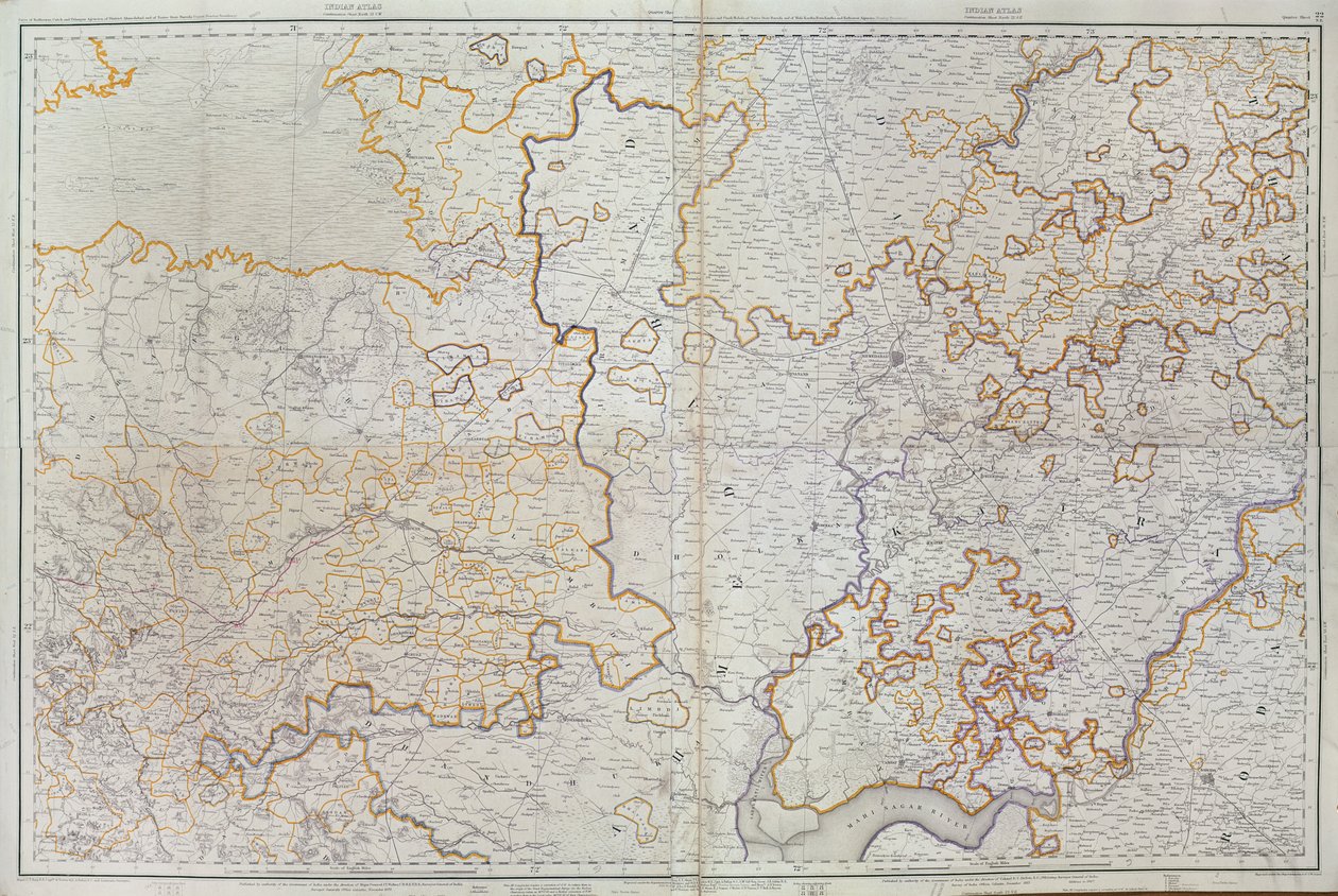 Karta över delstaten Gujarat i Indien, publicerad under ledning av överste J.T. Walker, C.B., R.E., F.R.S., Indiens lantmätare, 1879 av English School