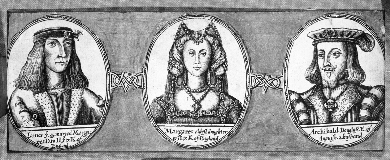 Margaret Tudor med två av sina män, James IV och Archibald Douglas av English School