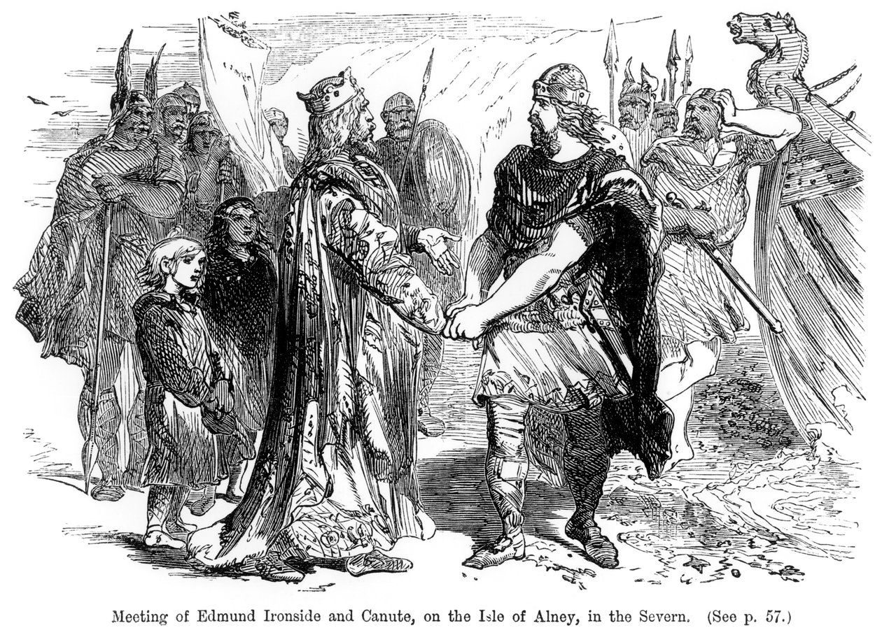 Möte mellan Edmund Ironside (981-1016) och Canute (994-1035) på Isle of Alney i Severn 1016 av English School