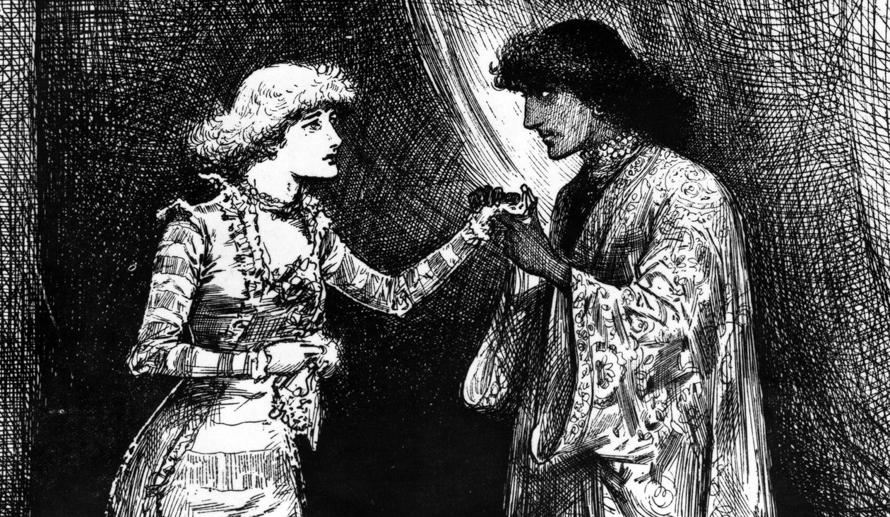 Miss Ellen Terry i rollen som Desdemona och Mr Irving i rollen som Othello. av English School