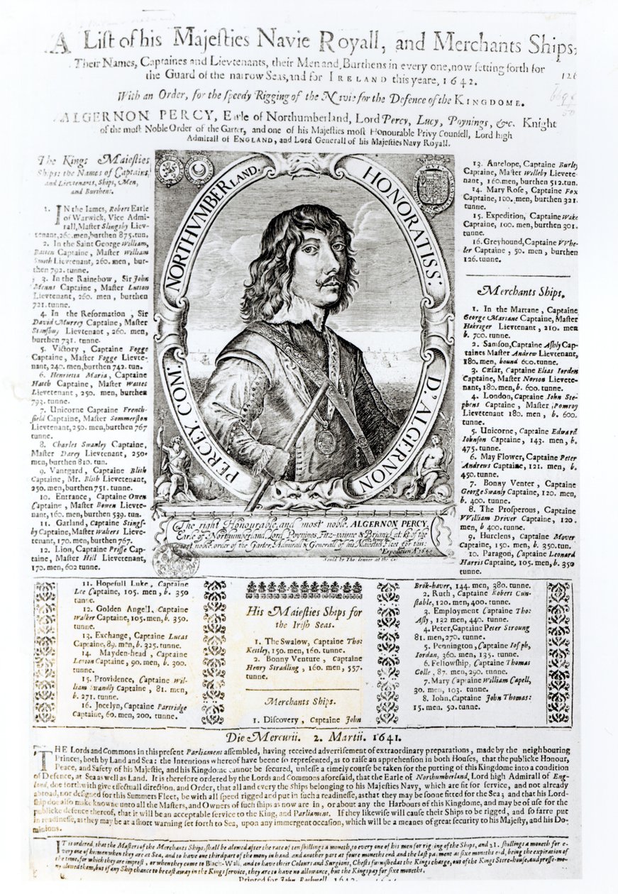 Porträtt av Algernon Percy, tionde earl av Northumberland (1602-68) åtföljt av en lista över hans majestäts kungliga flotta, 1642 av English School