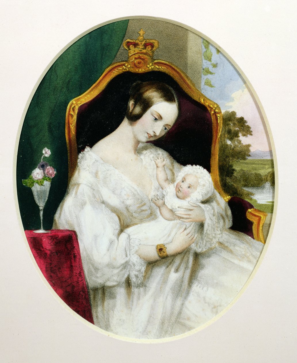 Drottning Victoria (1819-1901) med Princess Royal (1840-1901) som spädbarn (wc på papper) av English School