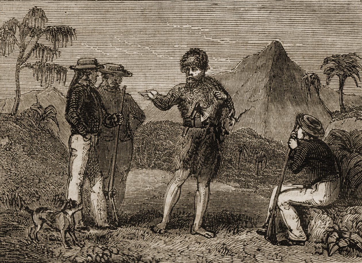 Selkirk and the British Sailors, illustration från "Tales of Travellers or A View of the World" publicerad 1838 av English School