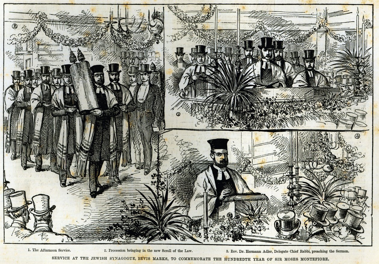 Gudstjänst vid den judiska synagogan, Bevis Marks, för att fira sir Moses Montefiores hundrade år, från 