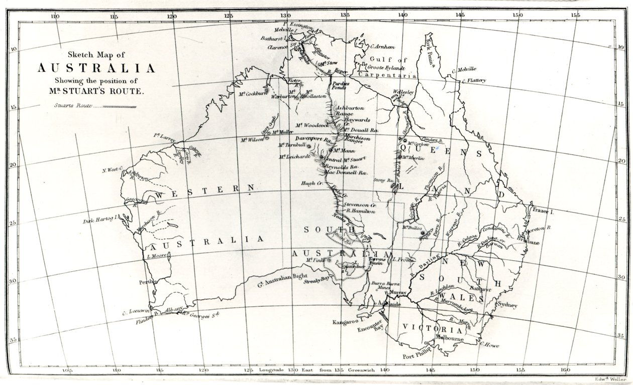 Skisskarta över Australien som visar positionen för Mr. Stuarts Route, 1864 av English School