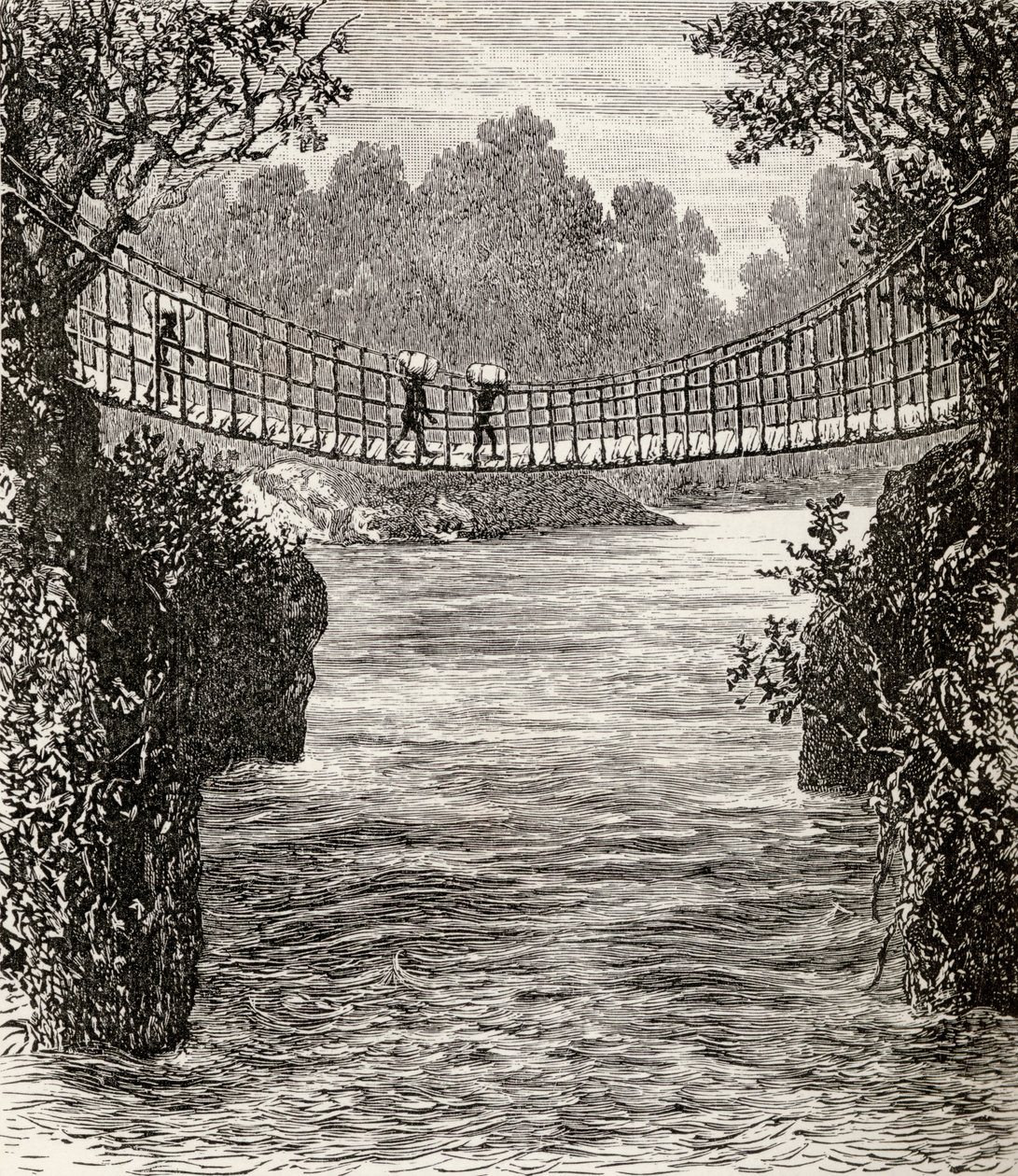 Hängbro över floden Ituri, Kongo, 1890 (trägravyr) av English School