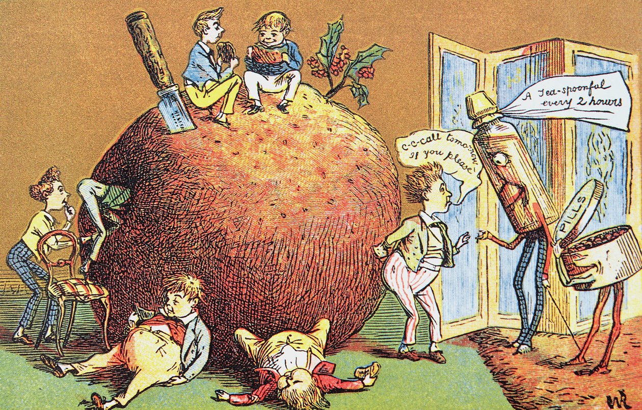 The Christmas Pudding, ett viktorianskt julkort (färggravyr) av English School
