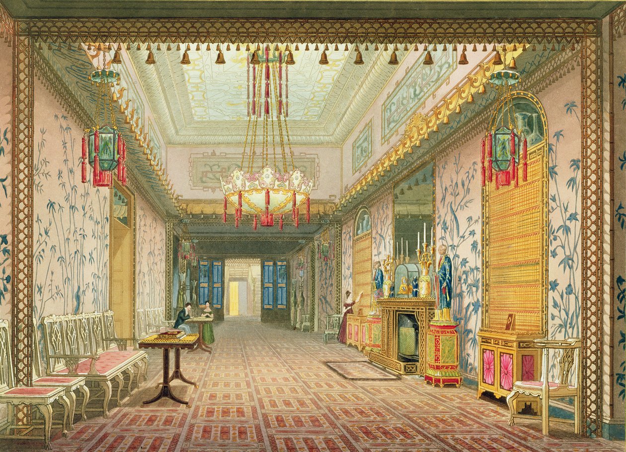 Korridoren eller Long Gallery i sin slutfas, från Views of the Royal Pavilion, Brighton av John Nash (1752-1835) 1826 (akvatint) av English School