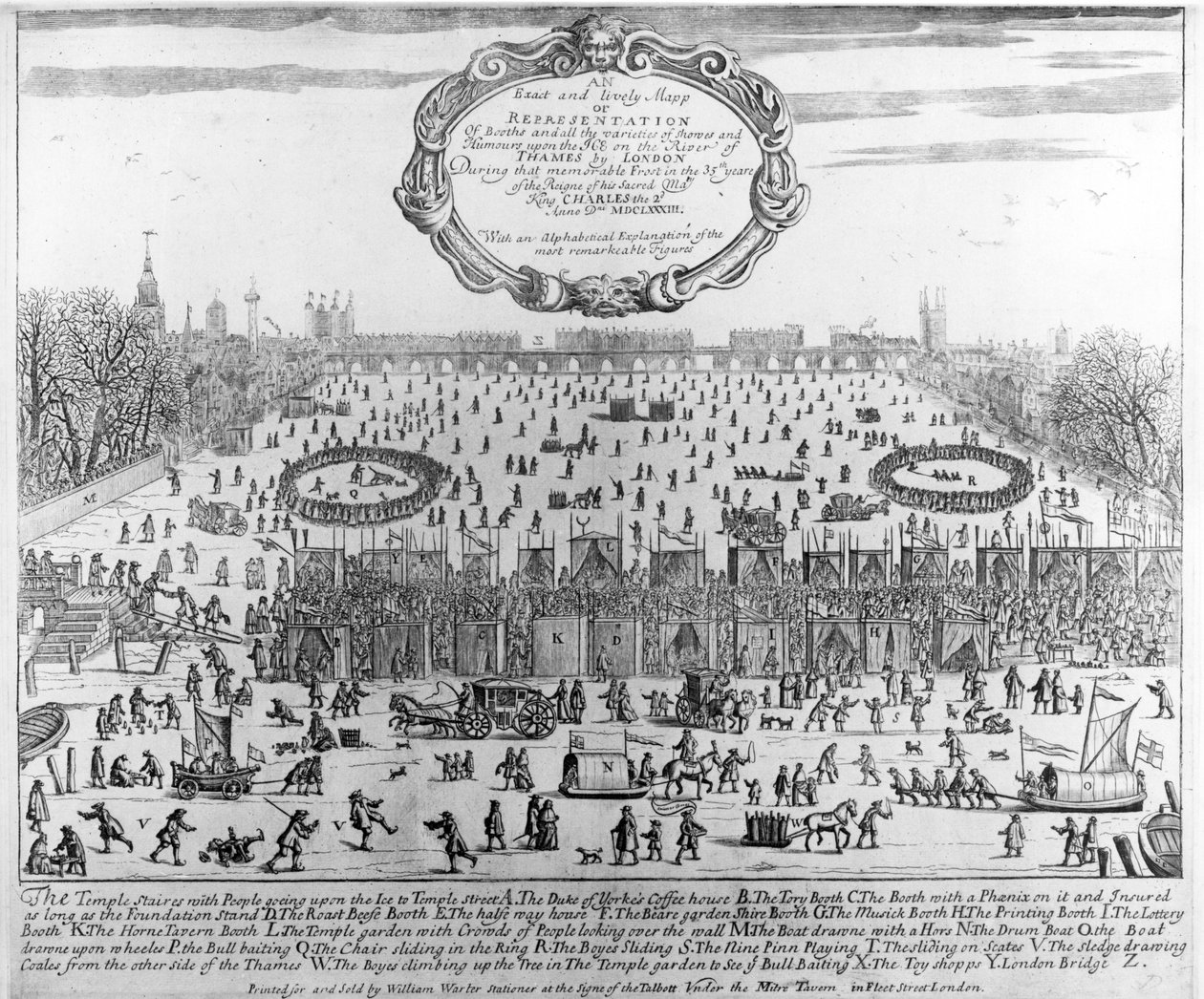 Frostmässan vintern 1683-84 på Themsen, med Old London Bridge i fjärran. c.1684 av English School